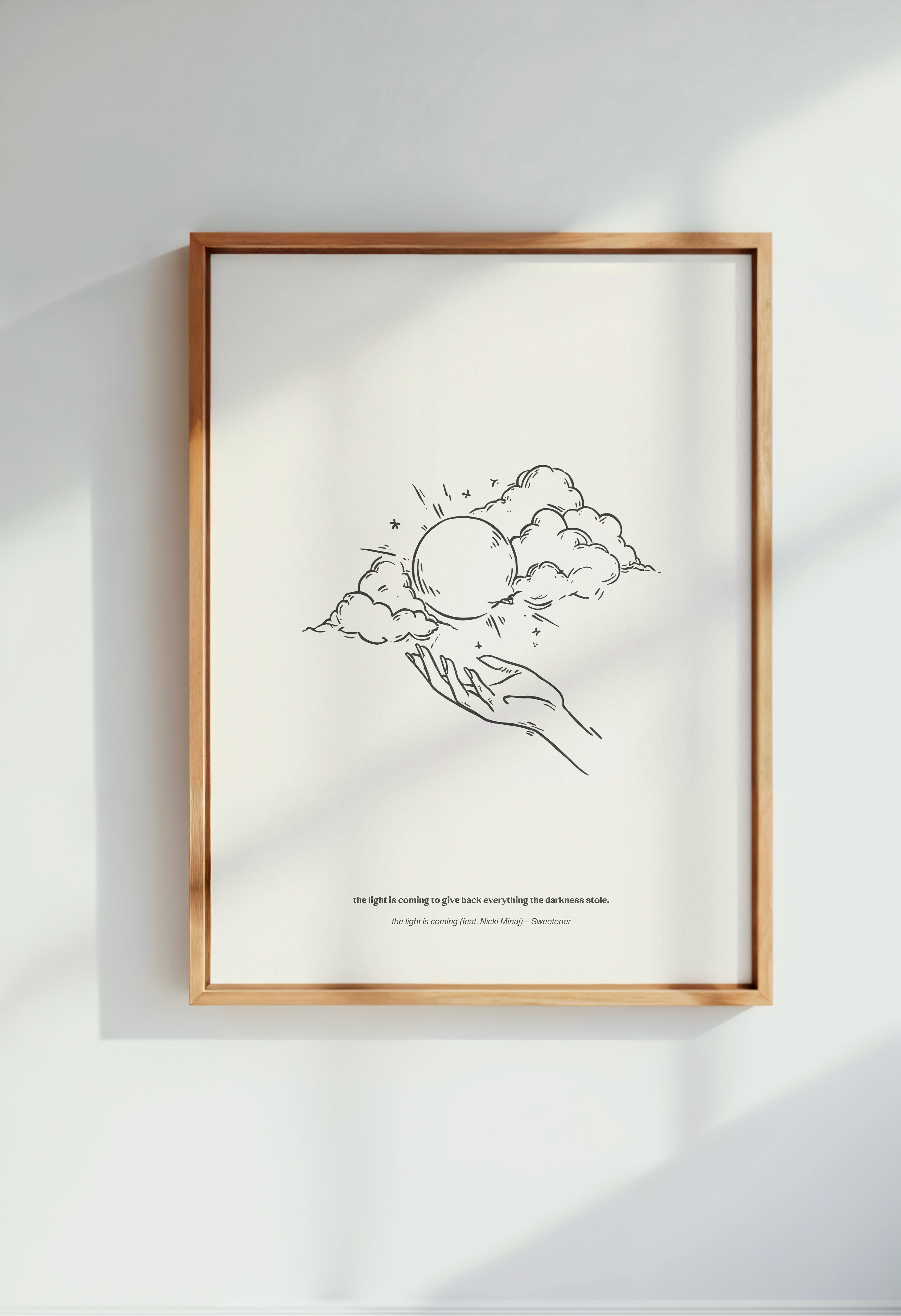 minimalist digital line art print inspired by Ariana Grande’s Sweetener album – the light is coming