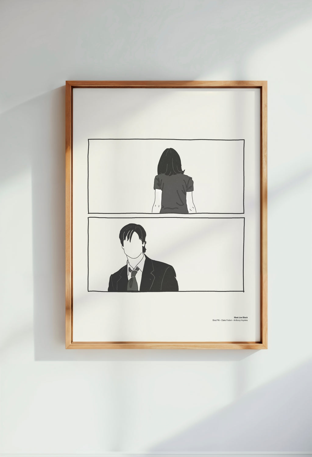 Minimalist black and white illustration art print inspired by the film Meet Joe Black, featuring faceless portraits in a cinematic two-panel design. Modern wall art for film lovers, aesthetic home decor, and gallery-style interiors.