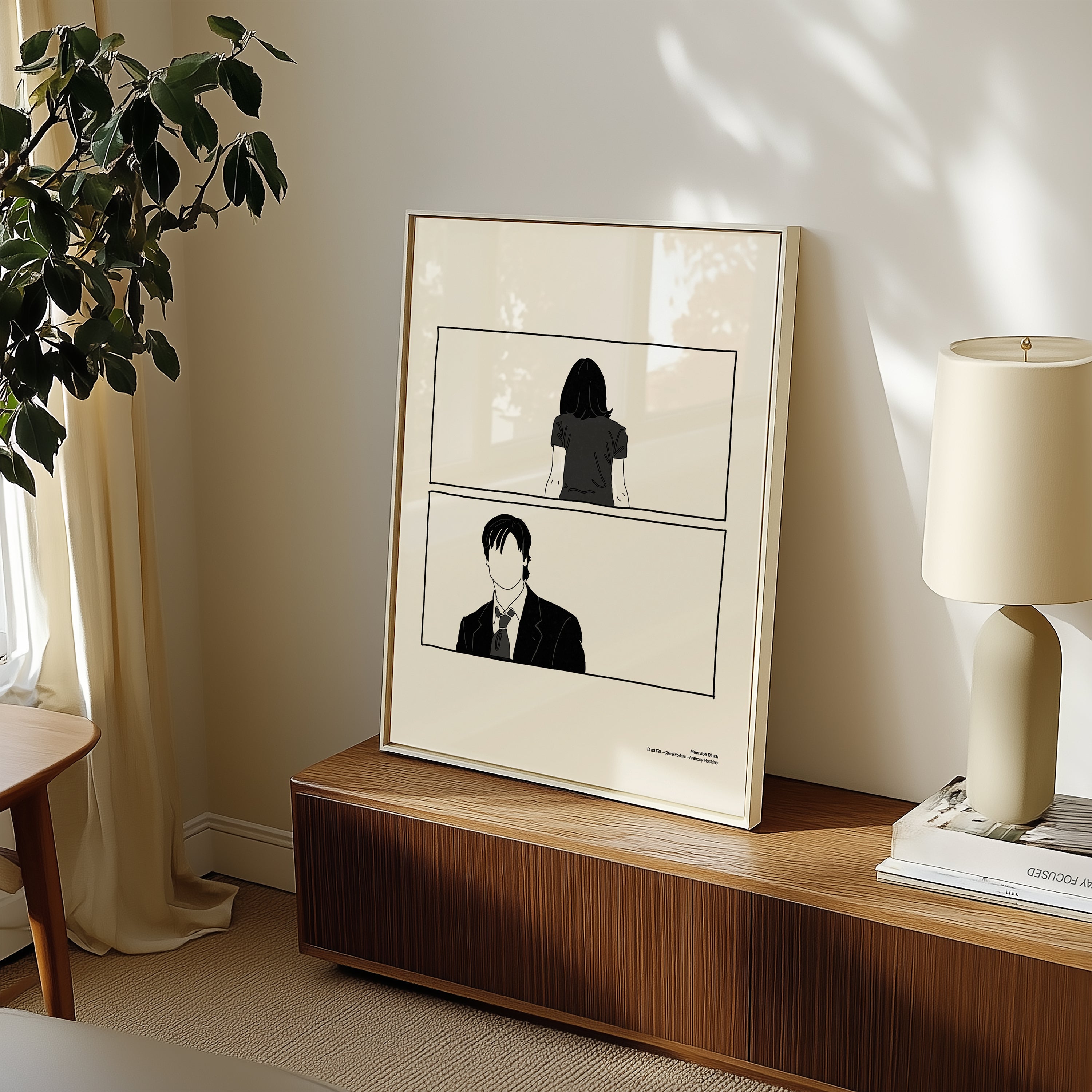 Minimalist black and white illustration art print inspired by the film Meet Joe Black, featuring faceless portraits in a cinematic two-panel design. Modern wall art for film lovers, aesthetic home decor, and gallery-style interiors.