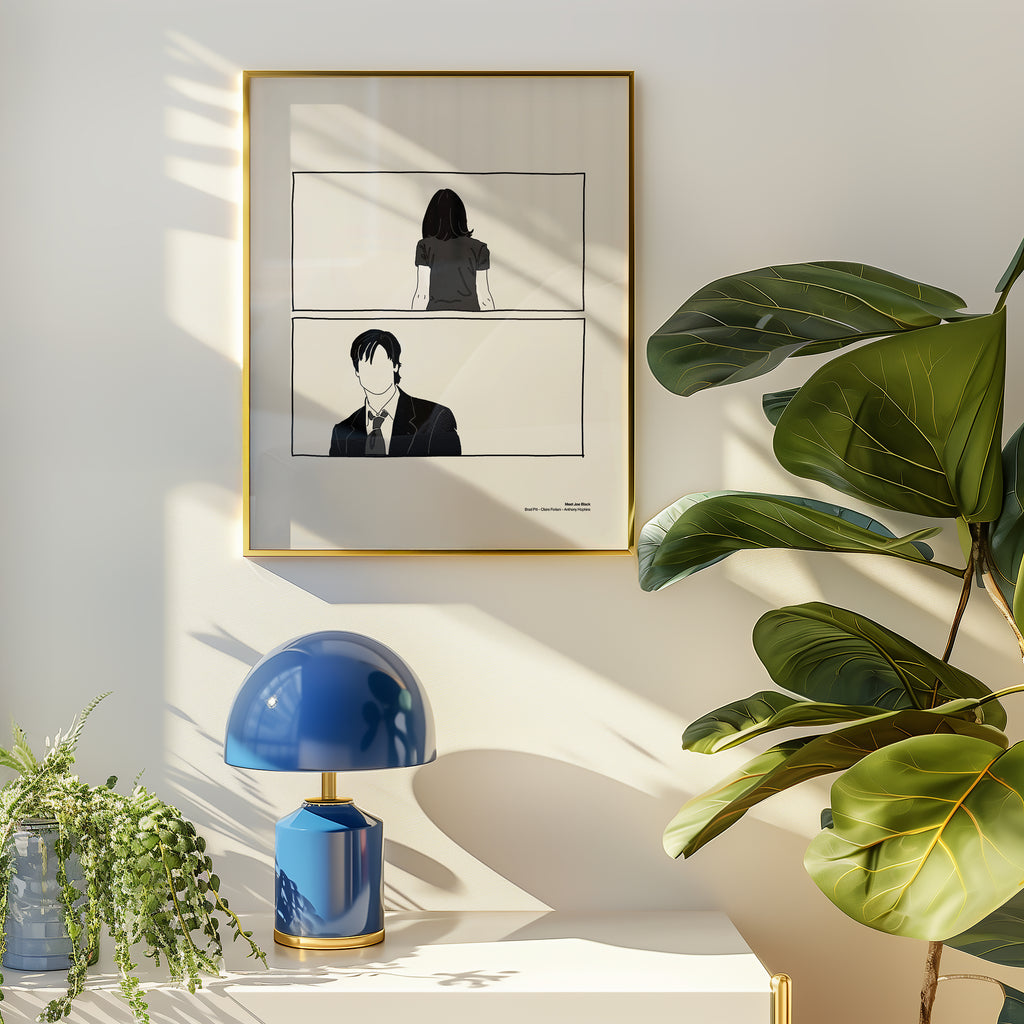 Minimalist black and white illustration art print inspired by the film Meet Joe Black, featuring faceless portraits in a cinematic two-panel design. Modern wall art for film lovers, aesthetic home decor, and gallery-style interiors.