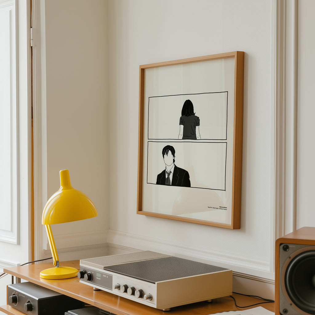 Minimalist black and white illustration art print inspired by the film Meet Joe Black, featuring faceless portraits in a cinematic two-panel design. Modern wall art for film lovers, aesthetic home decor, and gallery-style interiors.