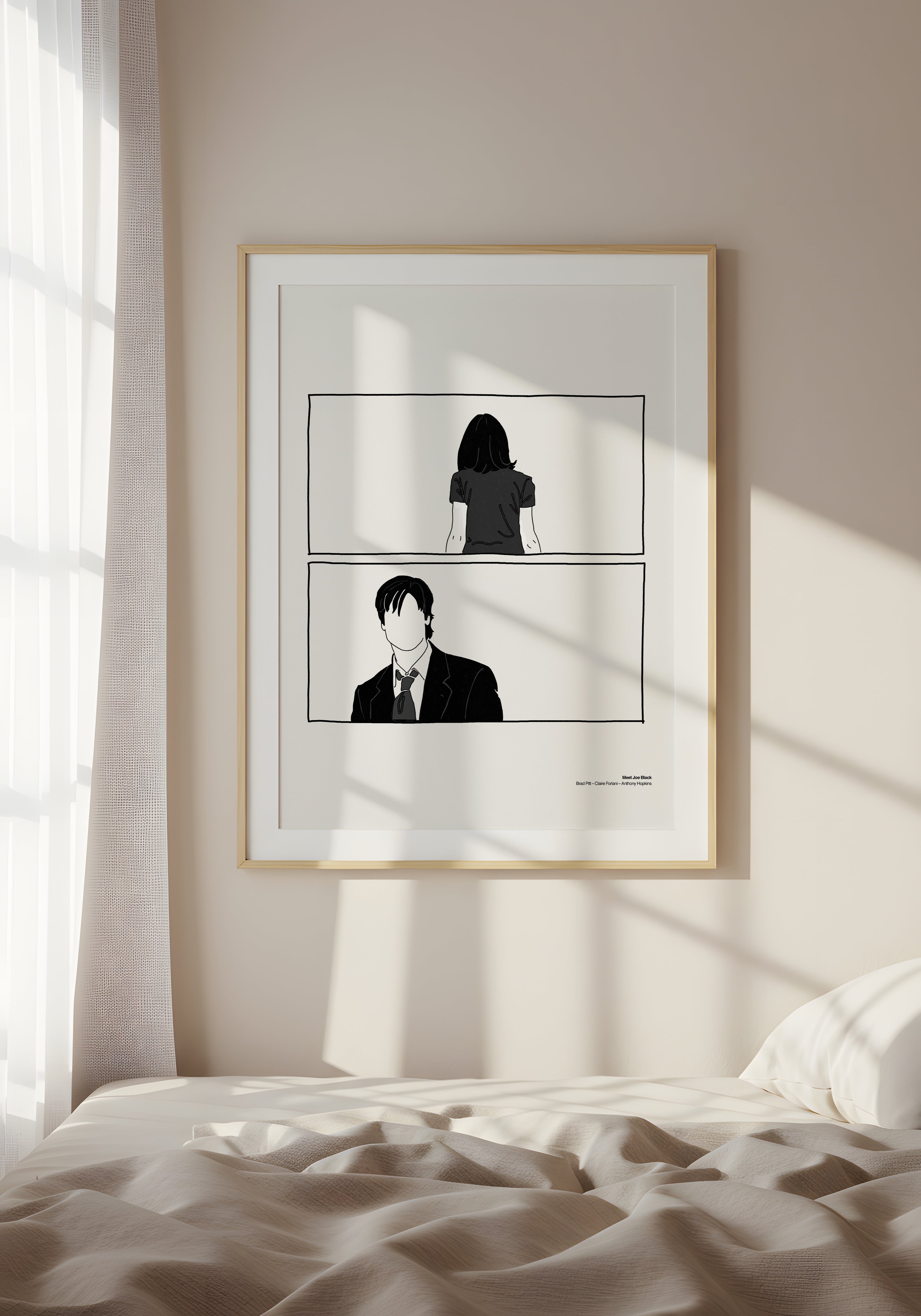 Minimalist black and white illustration art print inspired by the film Meet Joe Black, featuring faceless portraits in a cinematic two-panel design. Modern wall art for film lovers, aesthetic home decor, and gallery-style interiors.