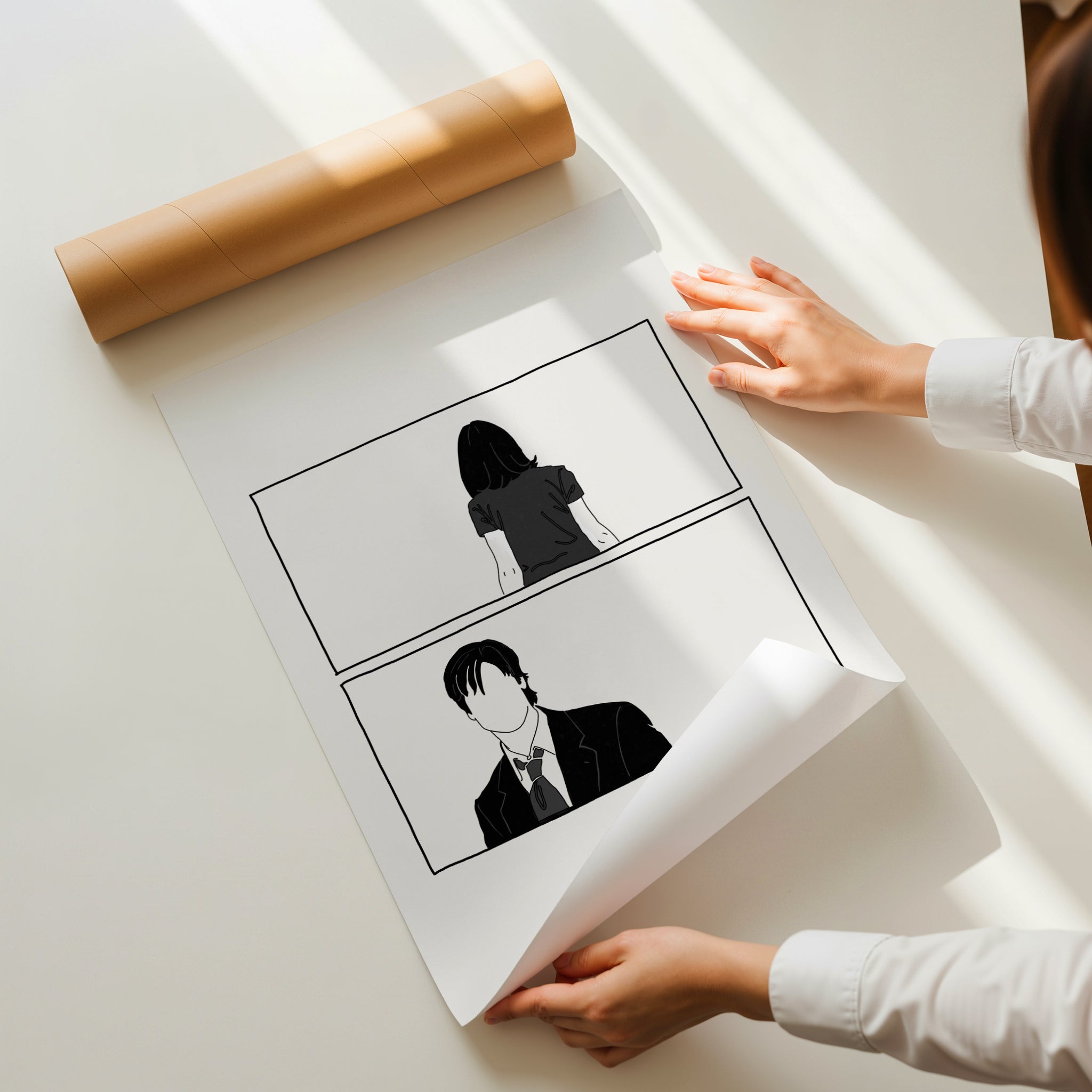 Minimalist black and white illustration art print inspired by the film Meet Joe Black, featuring faceless portraits in a cinematic two-panel design. Modern wall art for film lovers, aesthetic home decor, and gallery-style interiors.