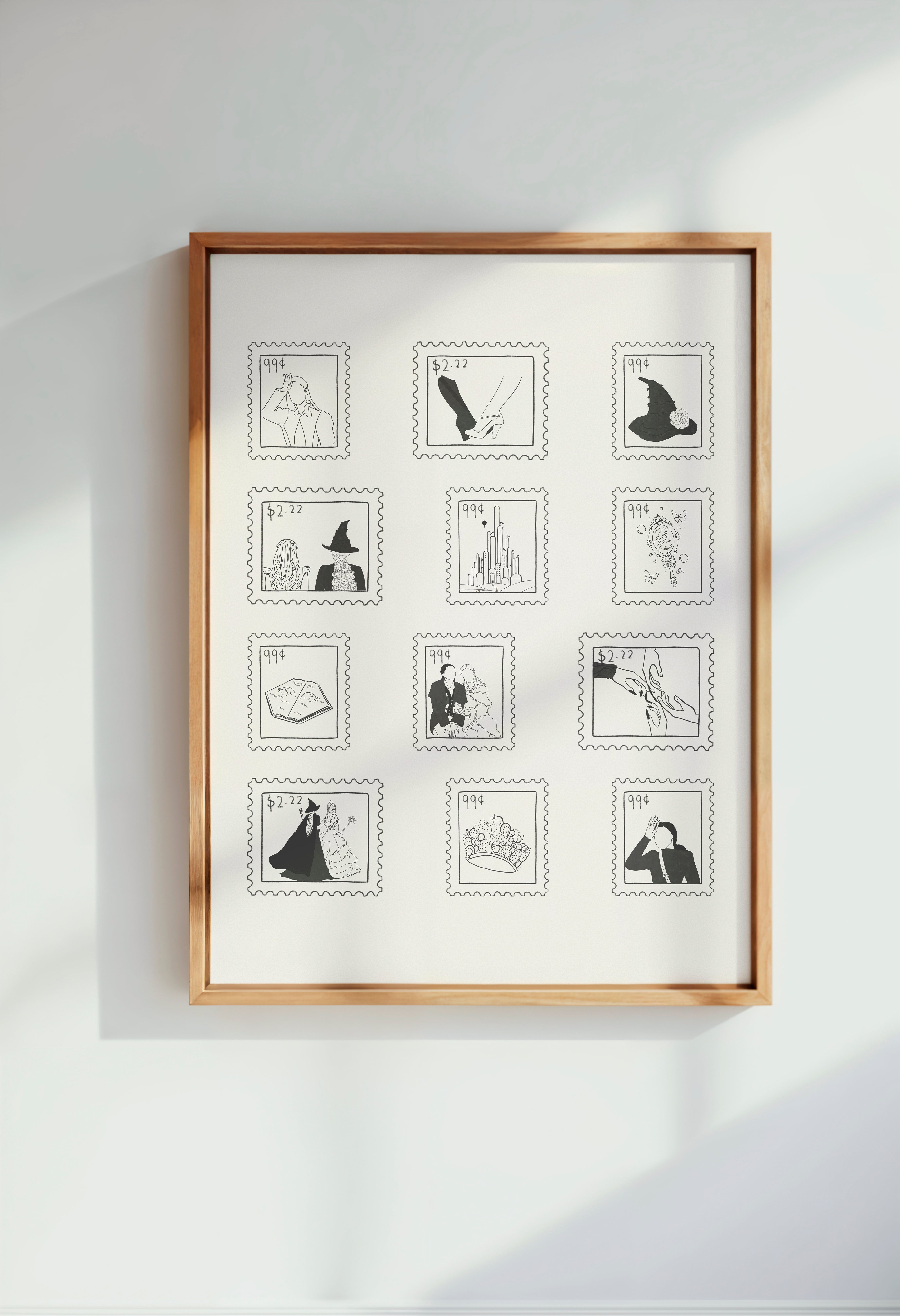 A minimalist black-and-white art print featuring twelve postage stamp–style illustrations inspired by Wicked. Each stamp depicts a symbolic moment or object from the story.