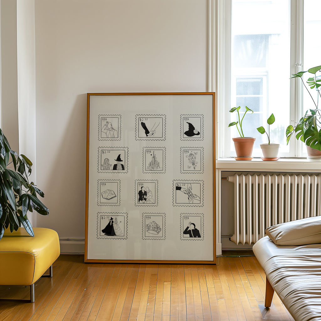 A minimalist Wicked-inspired art print featuring twelve black-and-white postage stamp illustrations. Each design captures an iconic symbol of friendship, magic, and destiny—from Glinda’s crown and Elphaba’s hat to the Emerald City skyline. A timeless, design-forward tribute for fans of Wicked and classic cinema art.