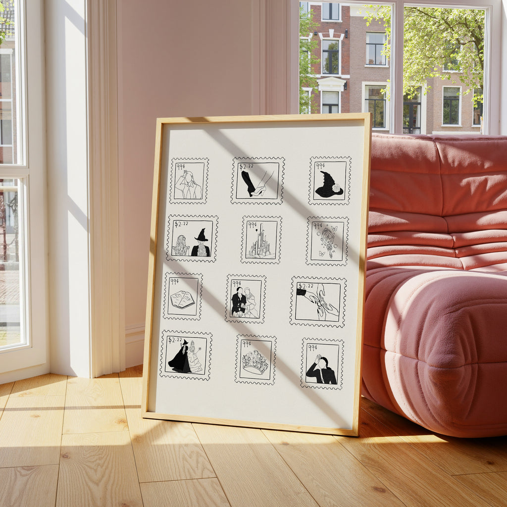 A minimalist Wicked-inspired art print featuring twelve black-and-white postage stamp illustrations. Each design captures an iconic symbol of friendship, magic, and destiny—from Glinda’s crown and Elphaba’s hat to the Emerald City skyline. A timeless, design-forward tribute for fans of Wicked and classic cinema art.