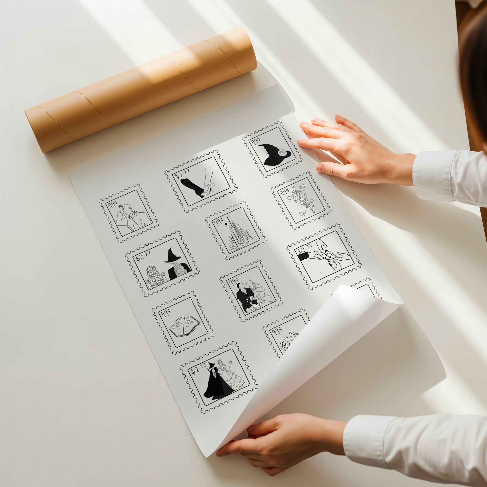 A minimalist Wicked-inspired art print featuring twelve black-and-white postage stamp illustrations. Each design captures an iconic symbol of friendship, magic, and destiny—from Glinda’s crown and Elphaba’s hat to the Emerald City skyline. A timeless, design-forward tribute for fans of Wicked and classic cinema art.