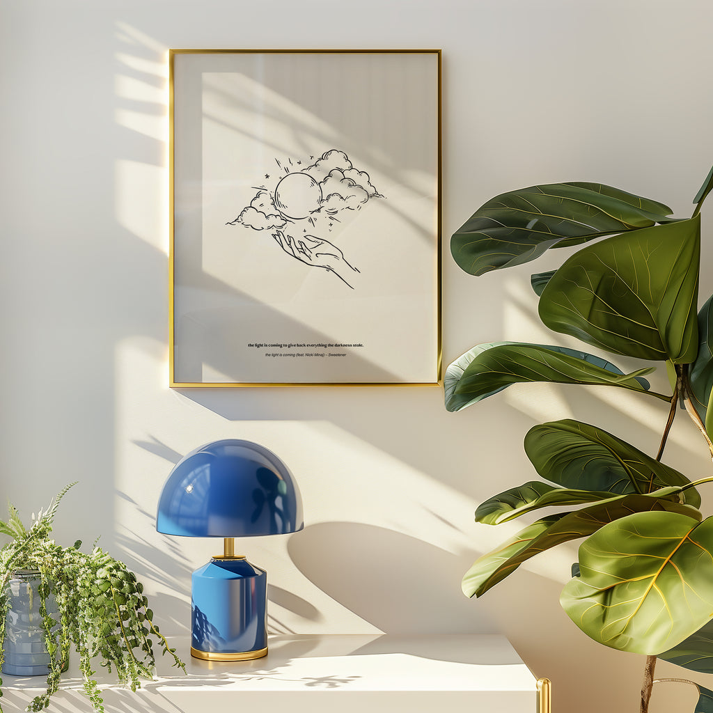 minimalist digital line art print inspired by Ariana Grande’s Sweetener album – the light is coming